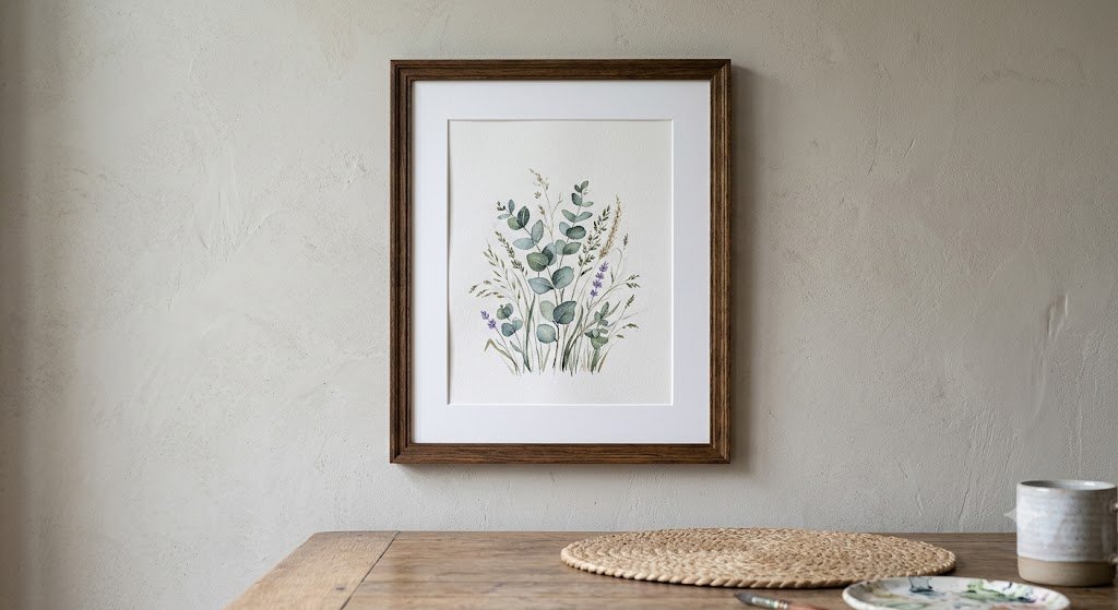 The same artwork after framing, hanging on a wall